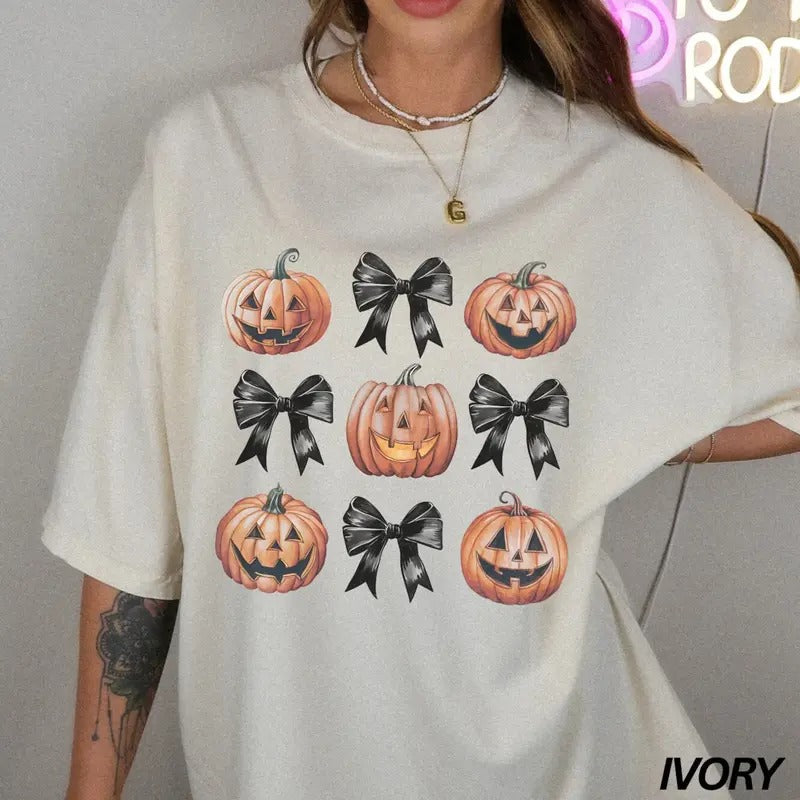 Coquette Halloween Pumpkin T-Shirt, Coquette Bow Halloween Sweatshirt, Black Bow Halloween Sweater, Pumpkin Halloween Tee...