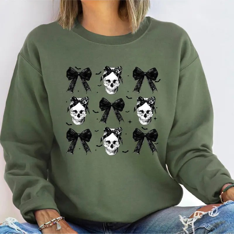 Coquette Halloween T-Shirt, Halloween Skull Black Bow Sweatshirt, Retro Halloween Shirt, Halloween Women's Sweatshirt,...