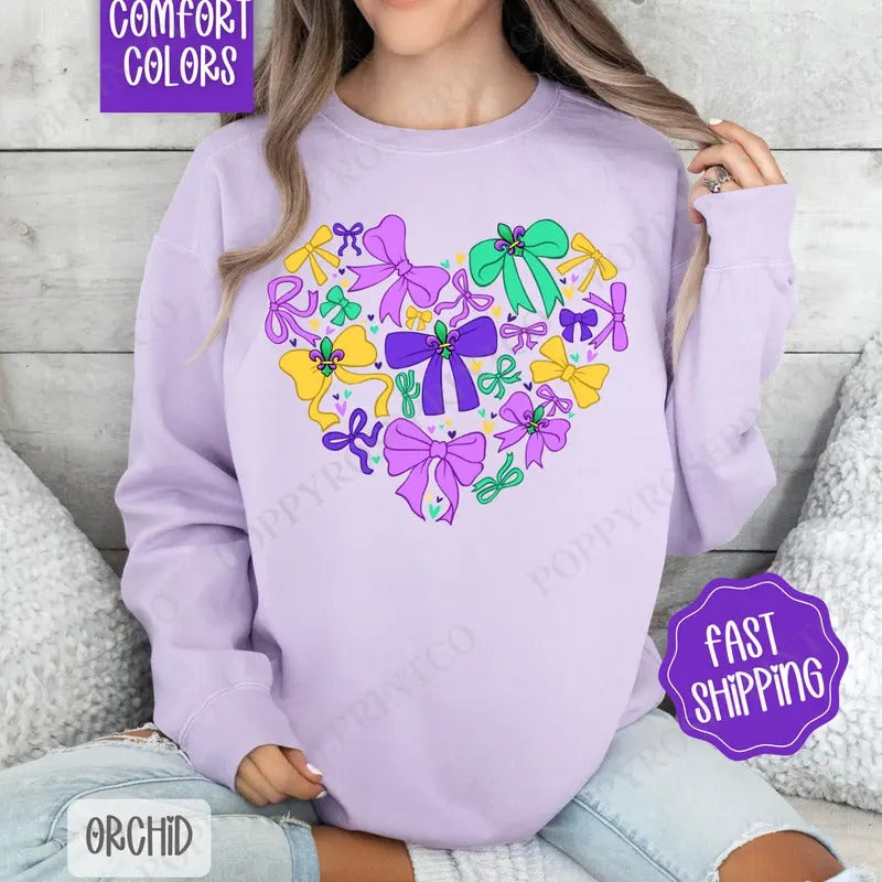 Coquette Mardi Gras Heart Comfort Colors Sweatshirt, Mardi Gras Bows Women's Crewneck, Holiday Women's Sweater T-Shirts,...