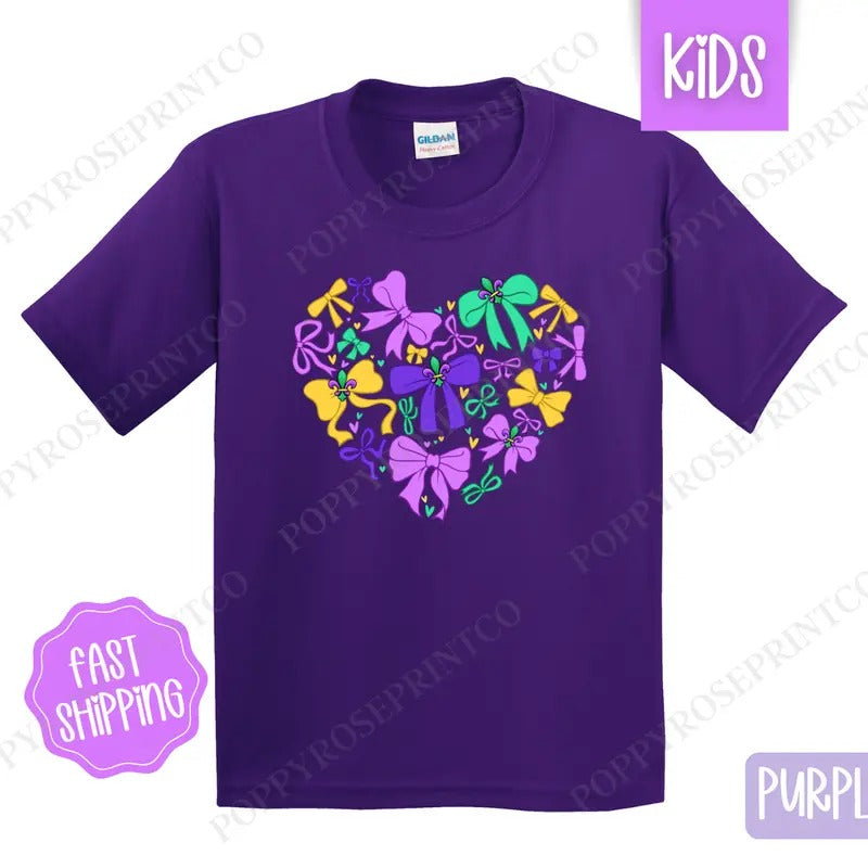 Coquette Mardi Gras Heart Kids Shirt - Louisiana Parade Bow Children's Tshirt