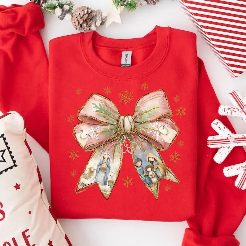 Coquette Nativity Scene Sweatshirt, Coquette Bow Jesus Shirt, Nativity Christmas Sweatshirt Hoodie | TeeBloomCo.com