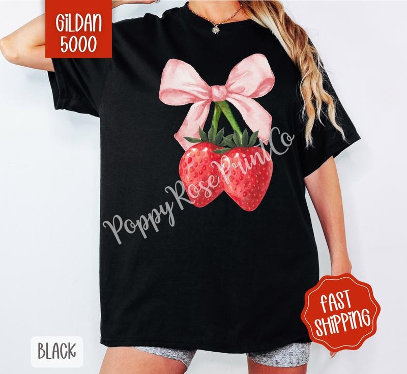 Coquette Strawberry Gildan Tshirt , Fruit Summer Tee, Cute Women's Shirt, Gift For Her Hoodie, Sweatshirt | TeeBloomCo.com