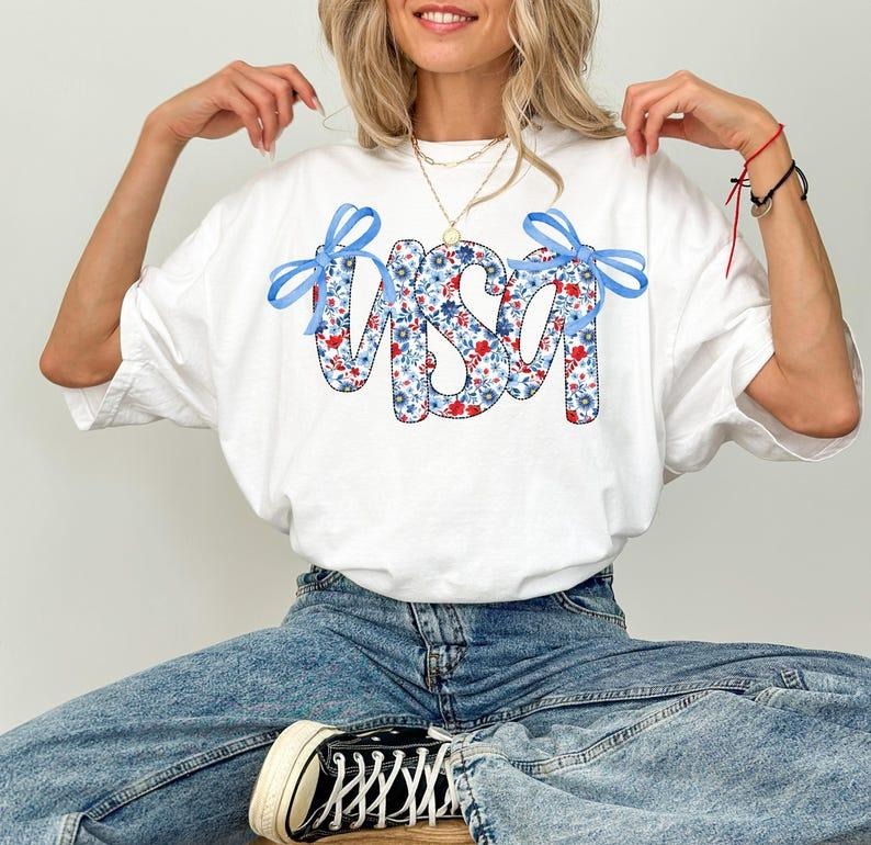 Coquette USA Shirt, 4th of July Sweatshirt, Stars Stripes USA Flag Shirts, Floral Patriotic Shirt, Red White Blue Hoodie