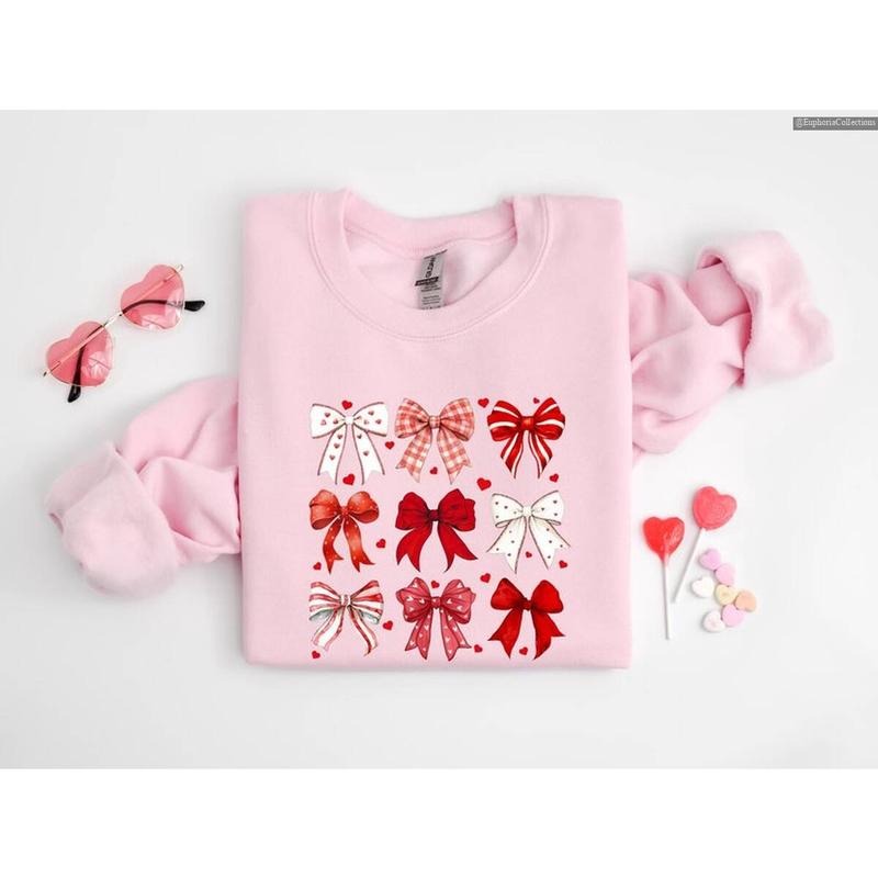 Coquette Valentine Heart Bow Sweater Hoodie Tee Shirt, Retro Cute VLT Love Day Sweatshirt, Coquette Bow Valentine T-Shirt...