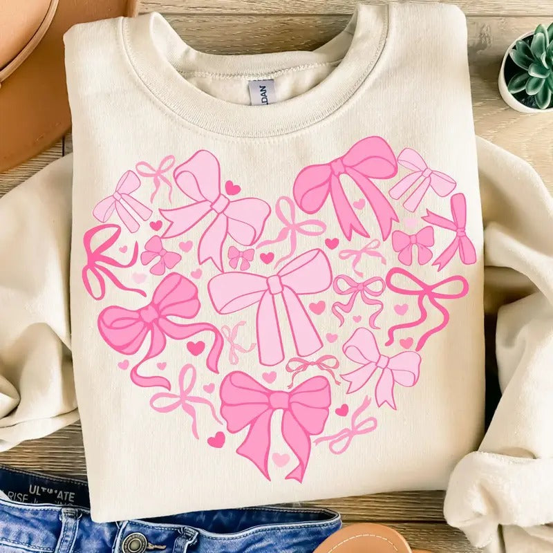 Coquette Valentine Heart Sweatshirt, Valentine Bow Sweatshirt, Valentine Love Sweater, Valentine Day Gift T-Shirts, Hoodie