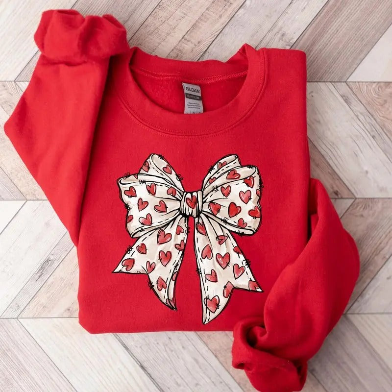 Coquette Valentines Day Heart Bow Sweatshirt, Retro Valentine Sweatshirt, Valentines Day Bow Sweatshirt, Valentines Day...