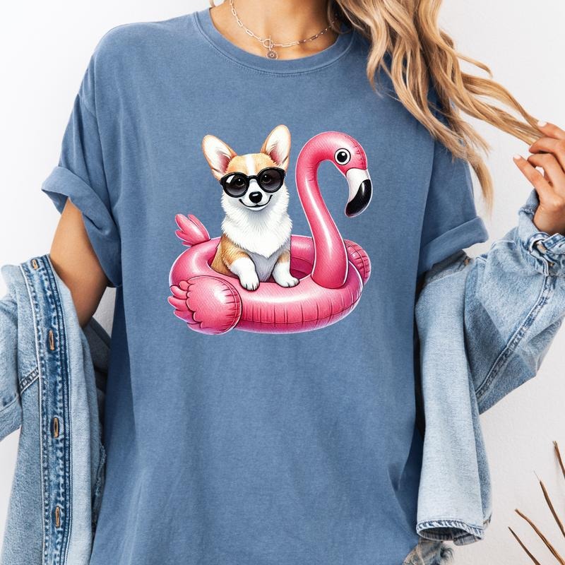 Corgi Flamingo Float Dog Shirt ~ Unisex Apparel Relaxed Fit Printed In The USA Clothing Womenswear Casual Comfort Cotton...