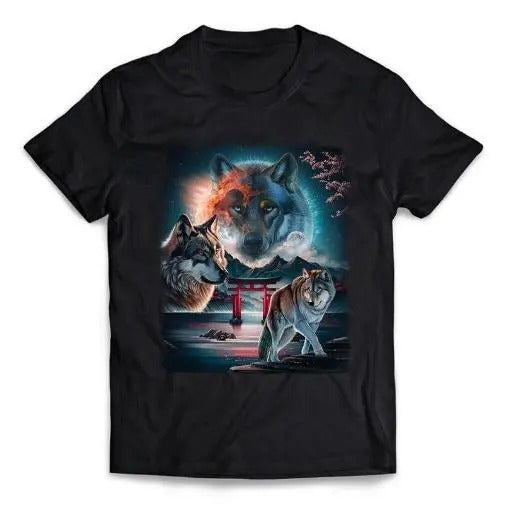 Cosmic Wolf in Japanese Mountain with Sakura and Torii Gate, Short-Sleeve Unisex T-Shirt Made in USA Hoodie, Sweatshirt