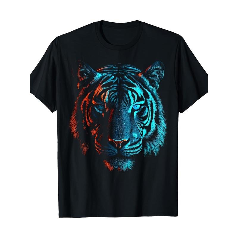 Cotton Basic Crew Neck T-Shirt, Geometric Tiger Print, Regular Fit, Short Sleeve, 100% Cotton, Pullover with Digital...