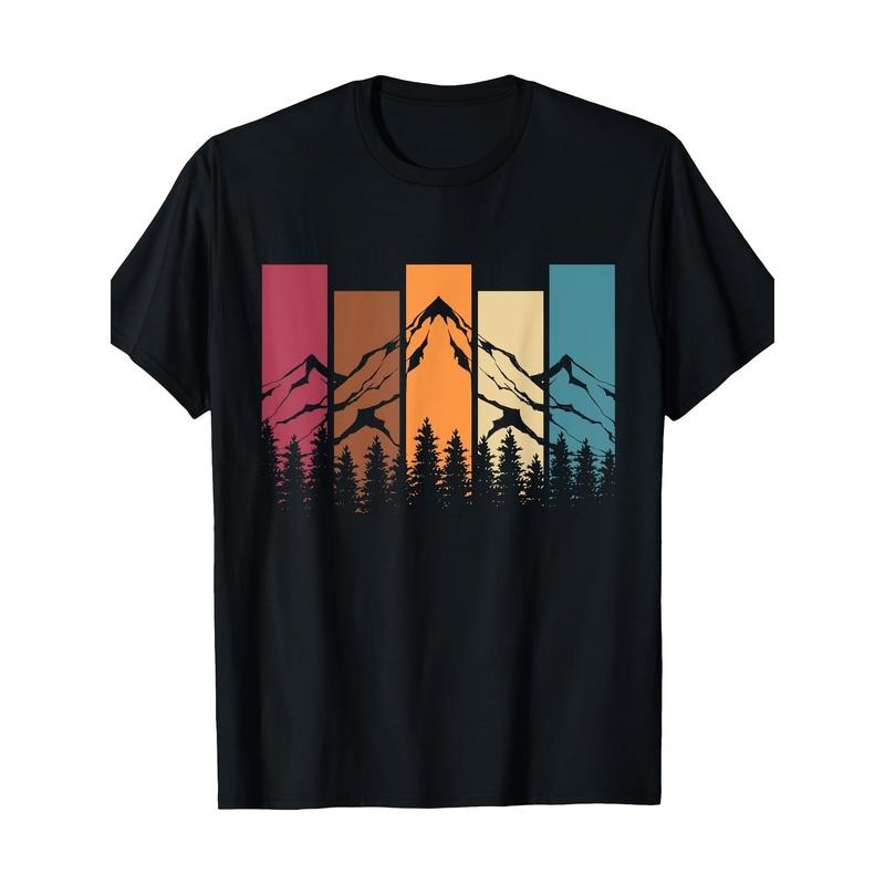 Cotton Crew Neck T-Shirt with Geometric Mountain Pattern - Regular Fit All-Season Knit Fabric Tee with Digital Heat...