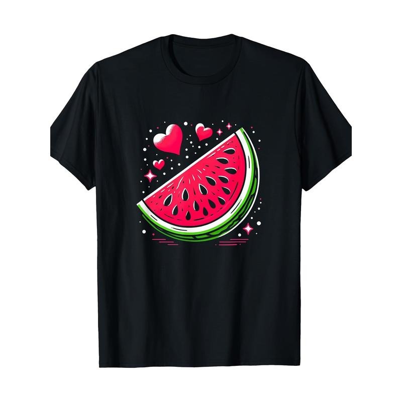 Cotton Crew Neck T-Shirt with Watermelon Heart Geometric Print, Digital Heat Transfer, Regular Fit, Short Sleeve,...