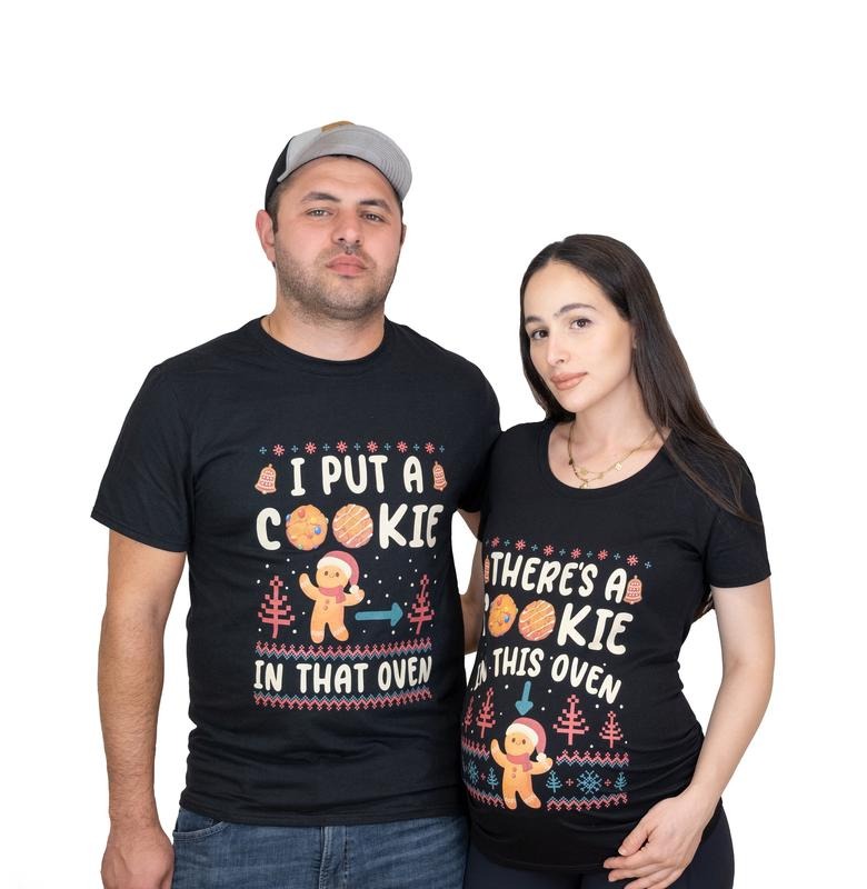 Couple Christmas Matching Shirts, There Is A Cookie In This Oven Maternity Pregnancy Tee Shirt, Baking Cookie New Baby...