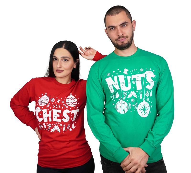 Couple Matching Christmas Sweatshirt, Funny Chestnuts Couple Sweater, Chest Nuts Humorous Ugly Sweater, Long Sleeve...
