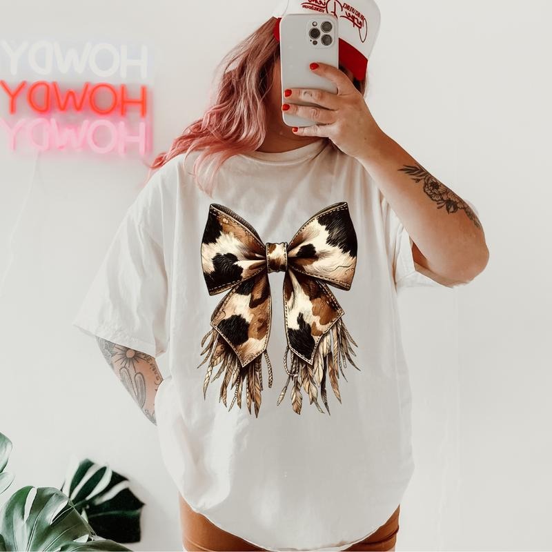 Cow Print Bow Shirt Western Bow~ Unisex Apparel Relaxed Fit Printed In The USA Clothing Womenswear Casual Comfort Cotton...