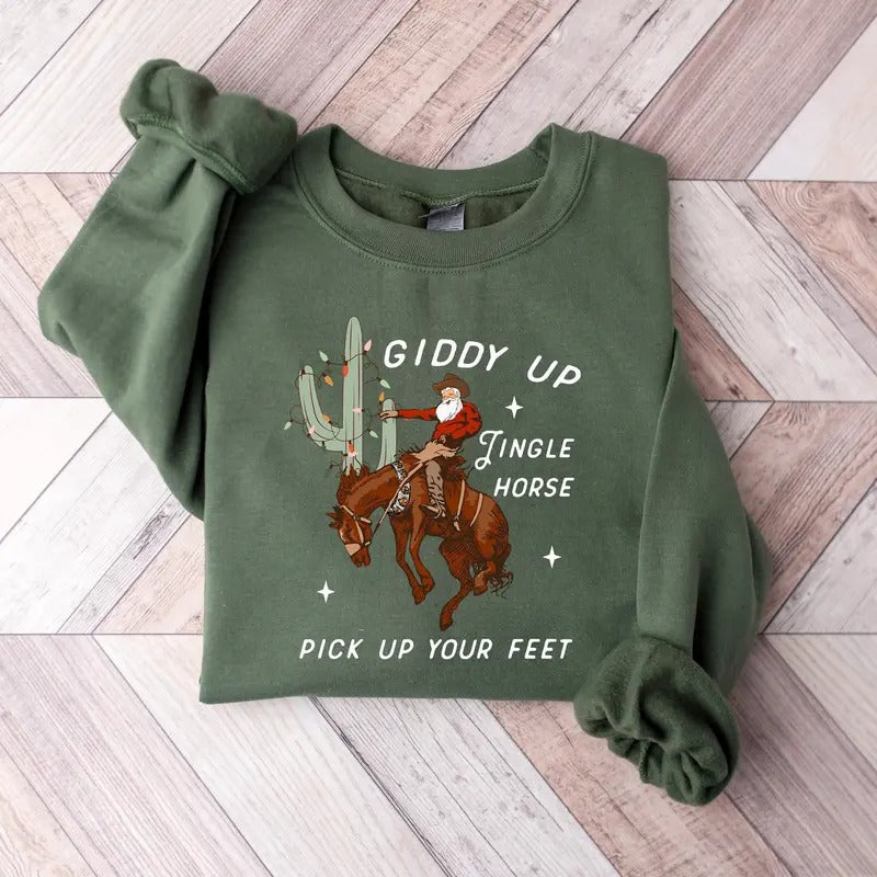 Cowboy Christmas Sweater, Giddy Up Jingle Horse Pick Up Your Feet, Cowgirl Shirt, Christmas Sweatshirt, Howdy Country...