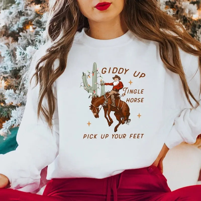 Cowboy Christmas Sweater, Giddy Up Jingle Horse Pick Up Your Feet, Howdy Country Christmas Horse, Cowgirl Shirt,...
