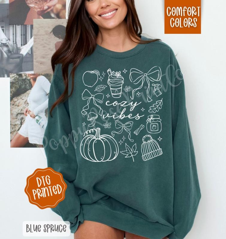 Cozy Vibes Comfort Colors Sweatshirt, Trendy Fall Crewneck T-Shirts, Hoodie | TeeBloomCo.com