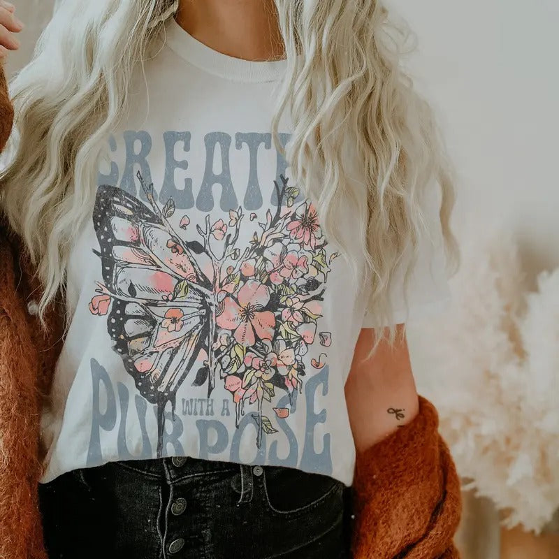 Created With A Purpose T-Shirt, Boho Christian Comfort Colors Shirts, Vintage Christians T Shirts, Faith Shirt Bible...