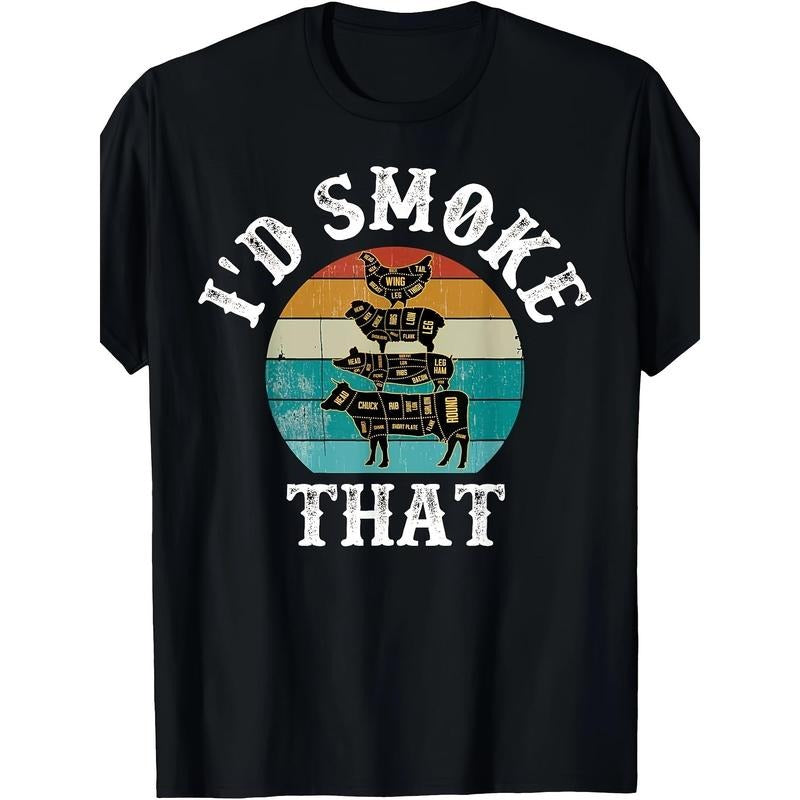 Crew-neck Casual Men's T-shirtFunny Retro BBQ Party Smoker Chef Dad Graphic T-Shirt - Men's Casual Crew Neck Tee For BBQ...