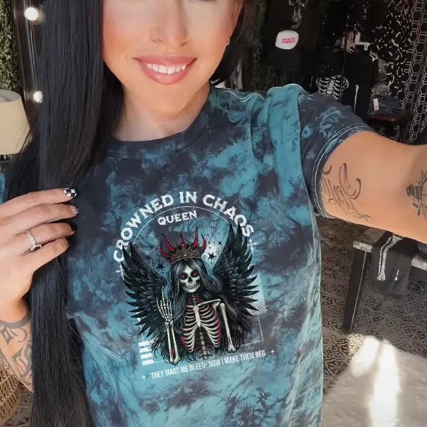 'Crowned in Chaos' Black & Green Tie Dye T Shirt Pullover , Alt, Grunge, Streetwear, Sarcastic, Punk, Cotton, Casual,...