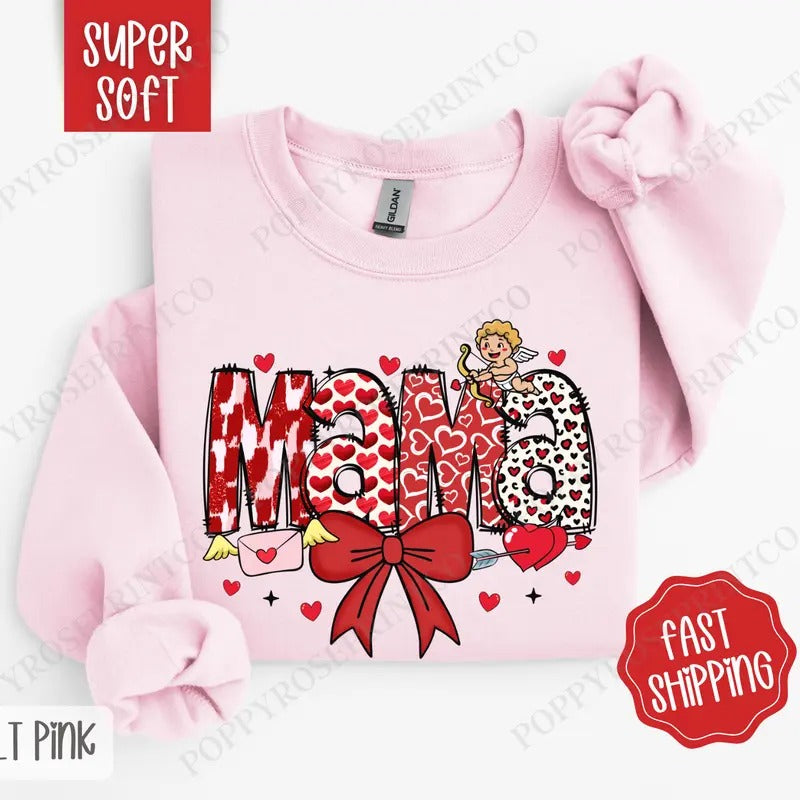 Cupid Mama Sweatshirt, Valentine's Day Crewneck, Cute Women's Sweater T-Shirts, Hoodie | TeeBloomCo.com