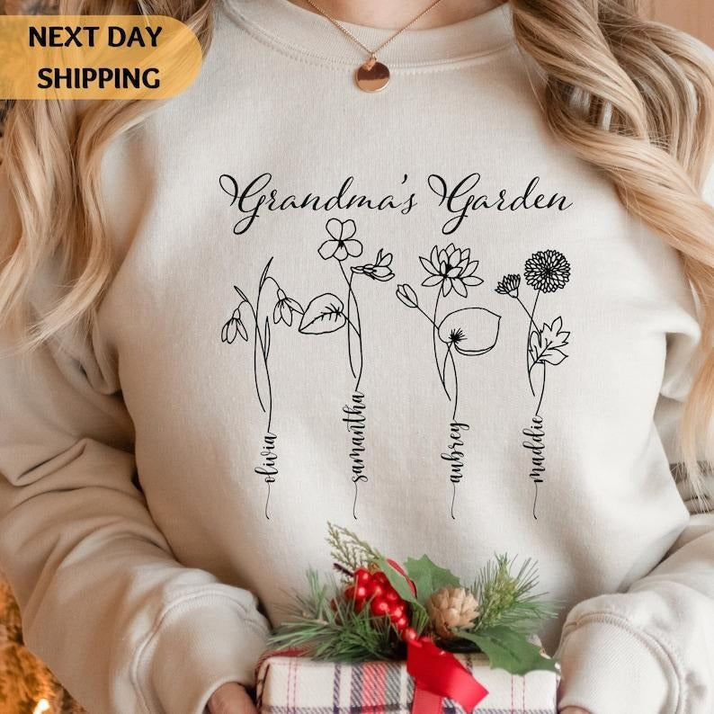Custom Birth Flower Grandma Sweatshirt With Kids Names, Birthday Month Personalized Grandma Sweater, Mother's Day Hoodie...