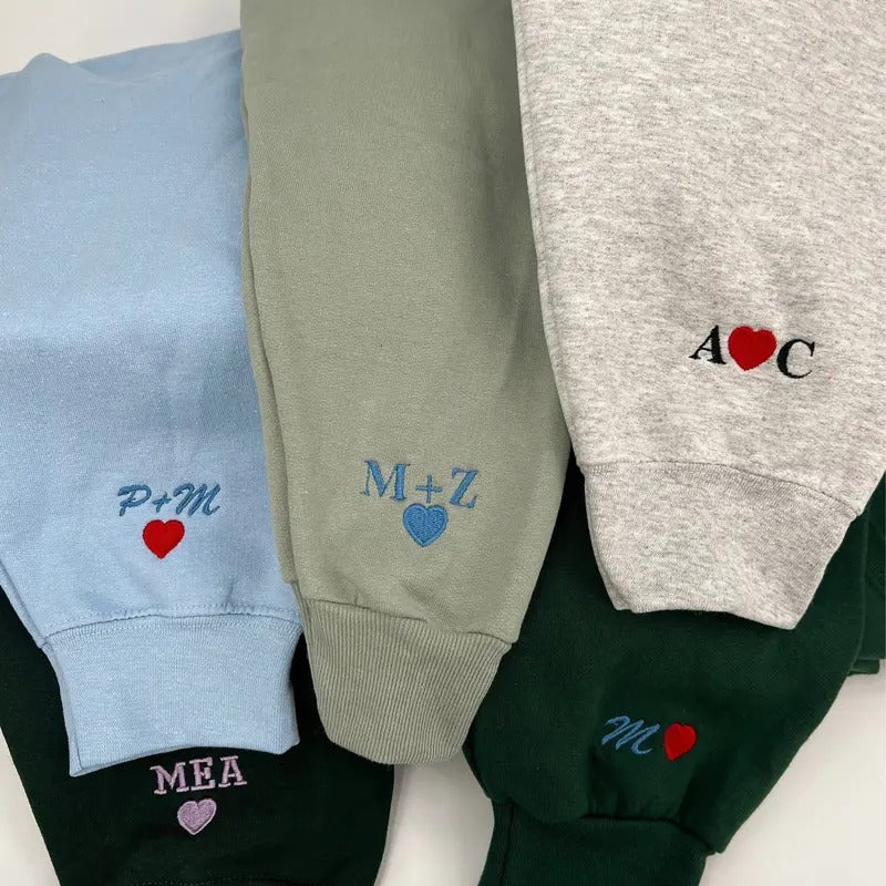 Custom Embroidered Initial Heart Crewneck Sweatshirt | Couple Shirt | Initial On Sleeve | Couple's Hoodie | TeeBloomCo.com