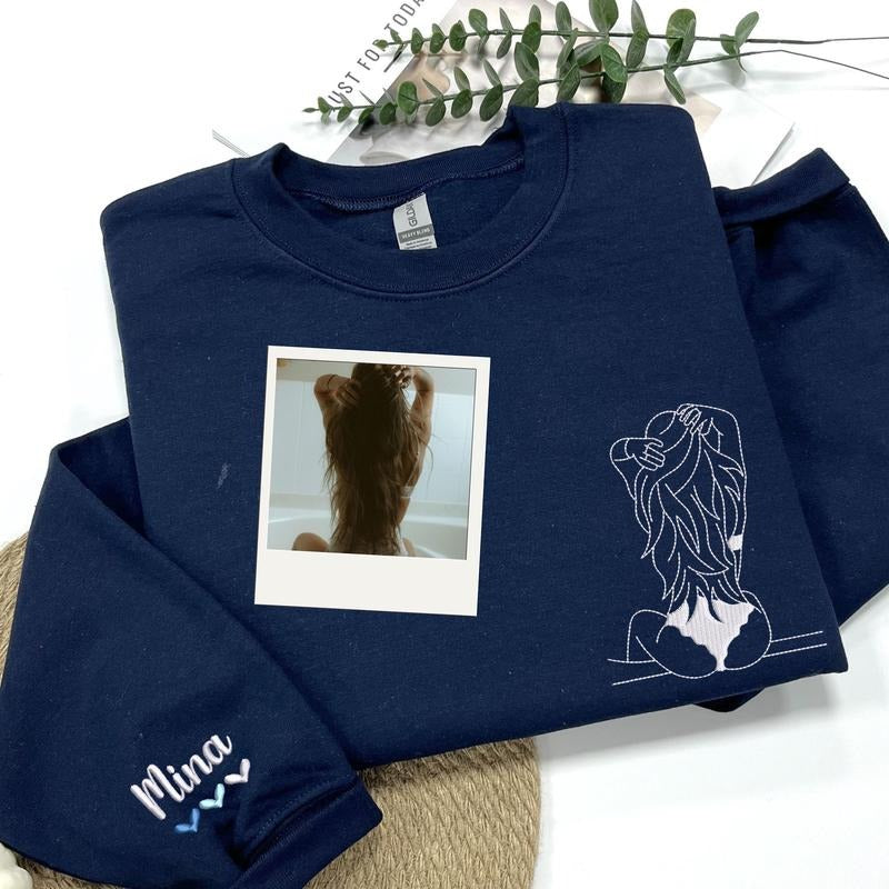 Custom Embroidered Spicy Portrait Sweatshirt Using Your Photo, Personalized Outline Portrait Shirt For Boyfriend Husband,...