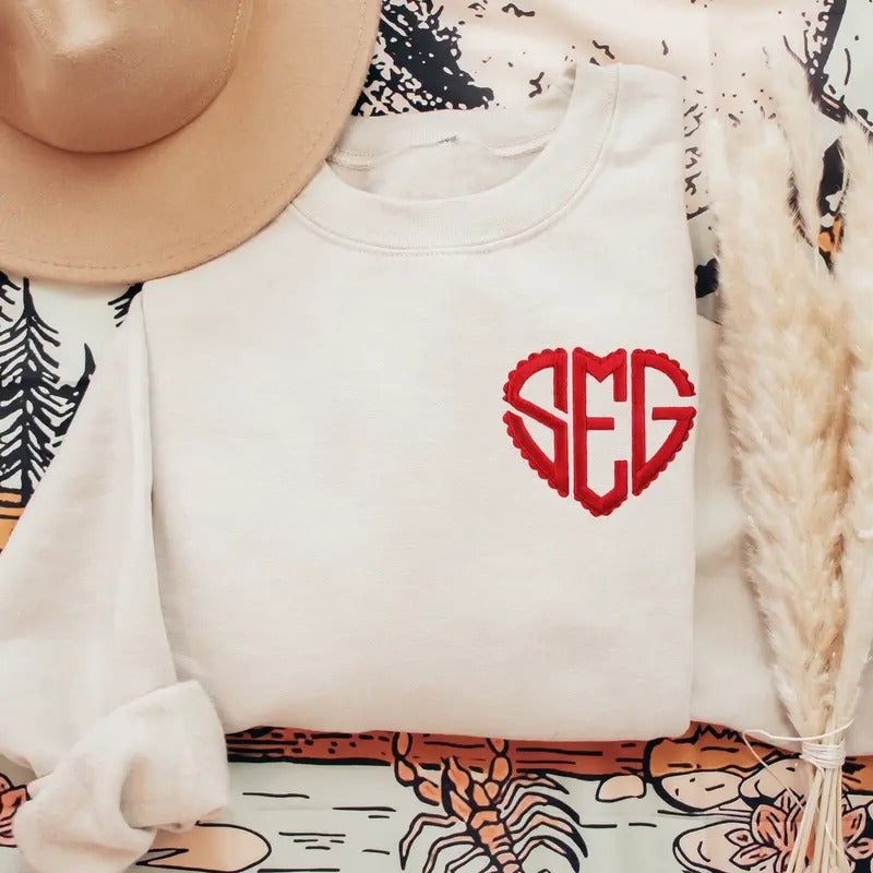 Custom Embroidered Valentines Day Sweatshirt, Valentines Day Heart Monogram Crewneck or Hoodie, Custom Embroidered Heart...