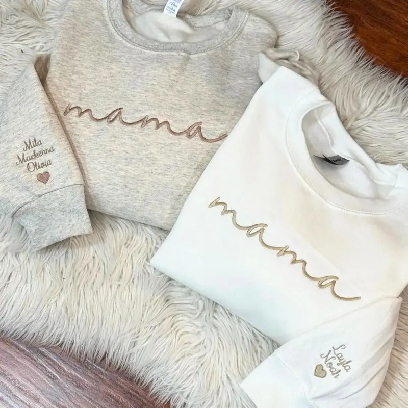 Custom Mama Embroidered Sweatshirt, Curved Neckline Mama Hoodie, Personalized Mom Embroidered Shirt, Pregnancy...