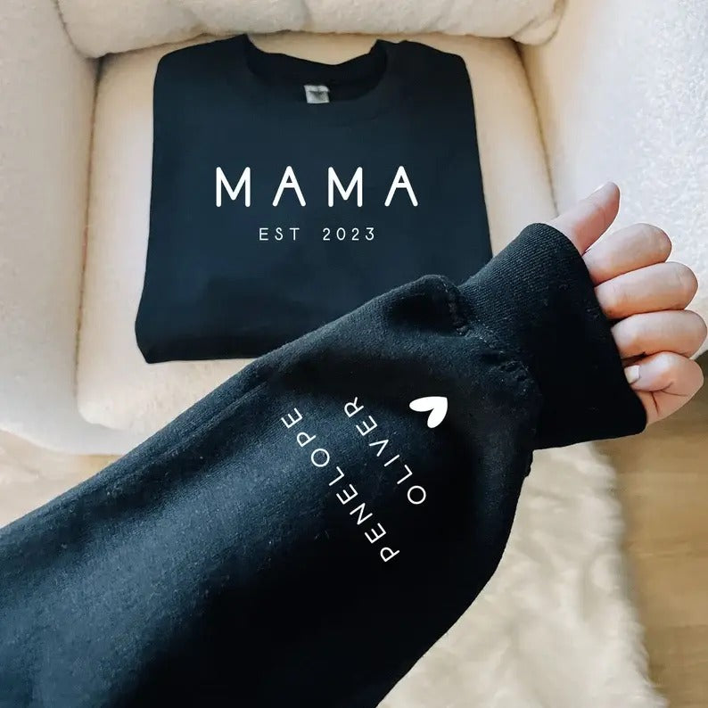 Custom Mama Sweatshirt with Date and Children Name on Sleeve Sweatshirt, Hoodie, T-Shirt | TeeBloomCo.com