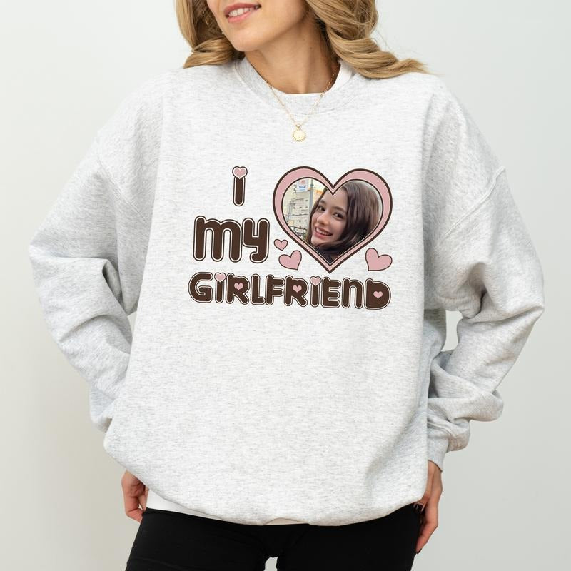 Custom Photo I Love My Boyfriend Sweatshirt, I Love My Girlfriend Crewneck, I Heart My Wife Pullover, Valentine's Day...