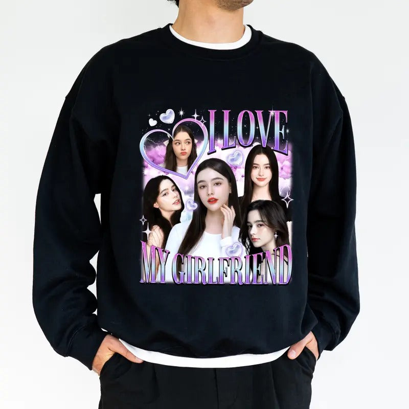 Custom Photo I Love My Girlfriend Sweatshirt for Boyfriend, Retro Bootleg Rap Tops, I Love My Gf Sweater, Valentine's Day...