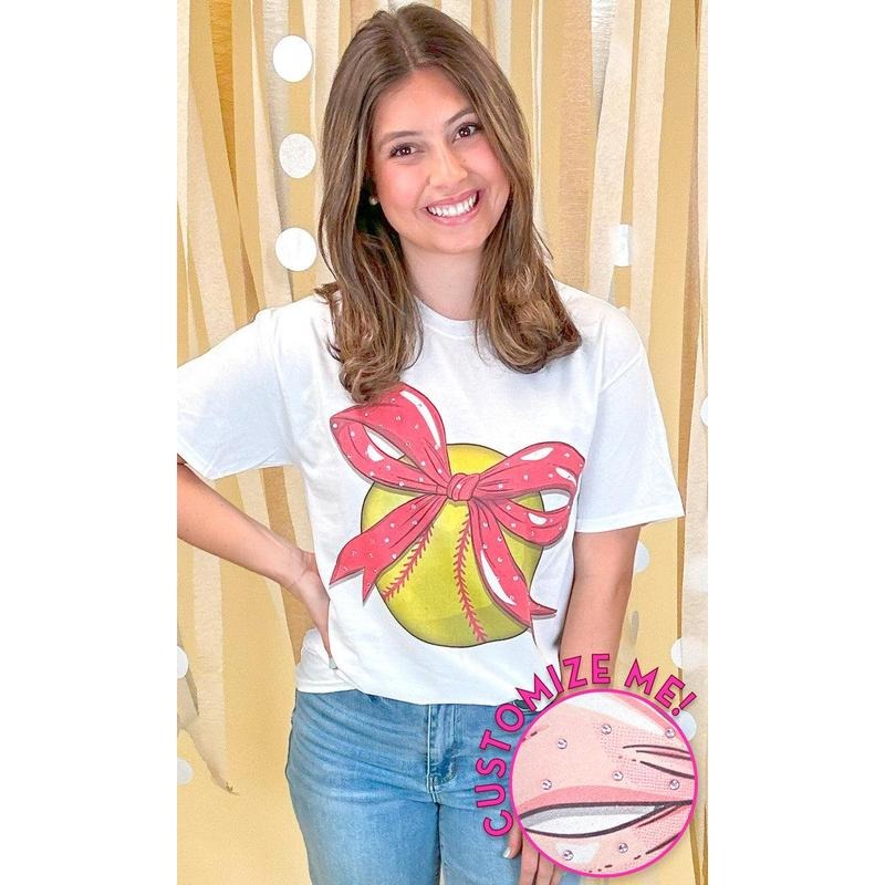 Custom Softball Bow Rhinestone Graphic T-Shirt Hoodie, Sweatshirt | TeeBloomCo.com
