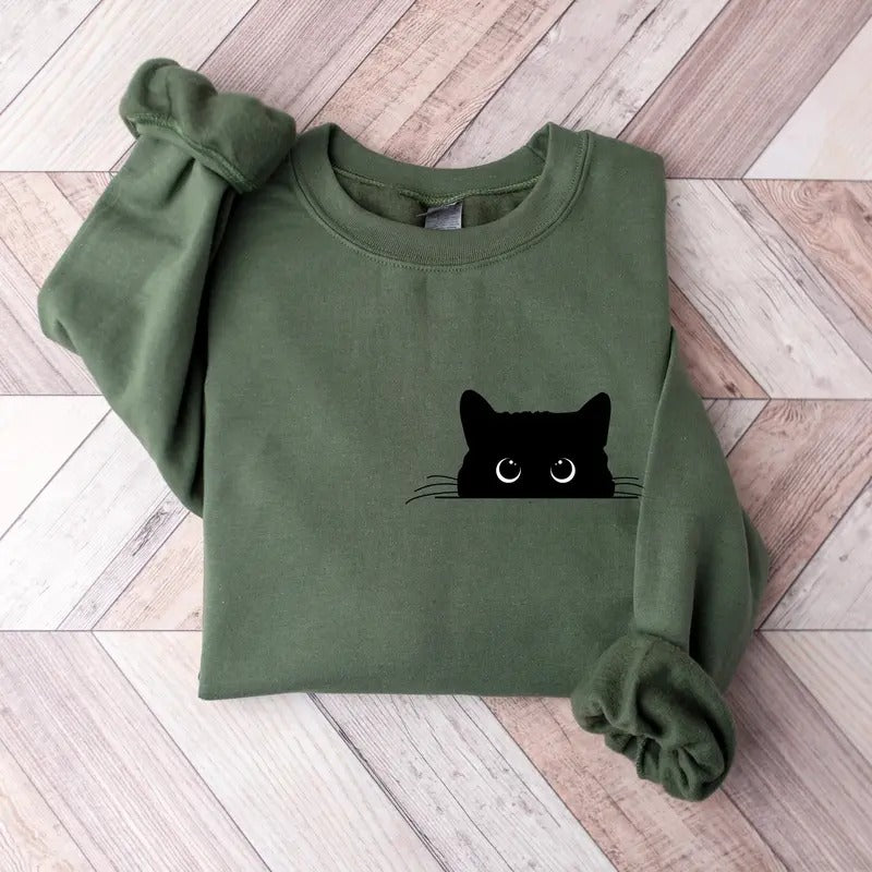 Cute Black Cat Halloween Sweatshirt, Cat Lover Shirt, Womens Halloween Shirt, Halloween Party Shirt, Fall Sweatshirt,...