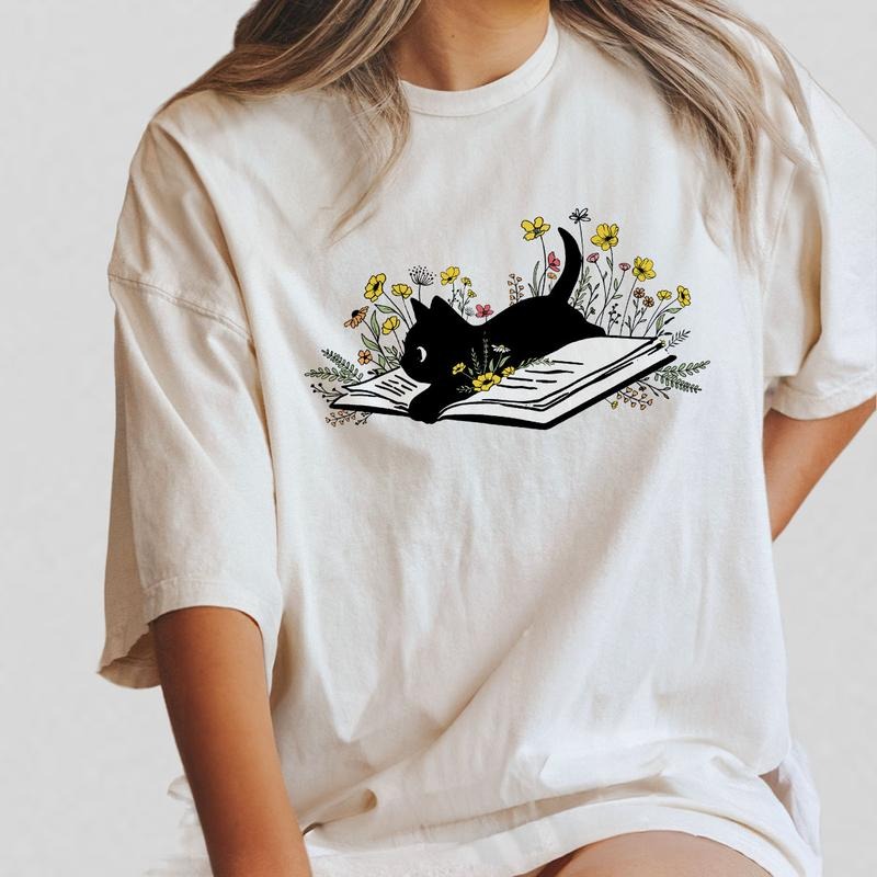 Cute Book Cat Shirt, Cat Mom Shirt, Cat Lover Tee, Floral Book Shirt, Book Lover Tee, Reader Bookish Tee, Cat Themed...