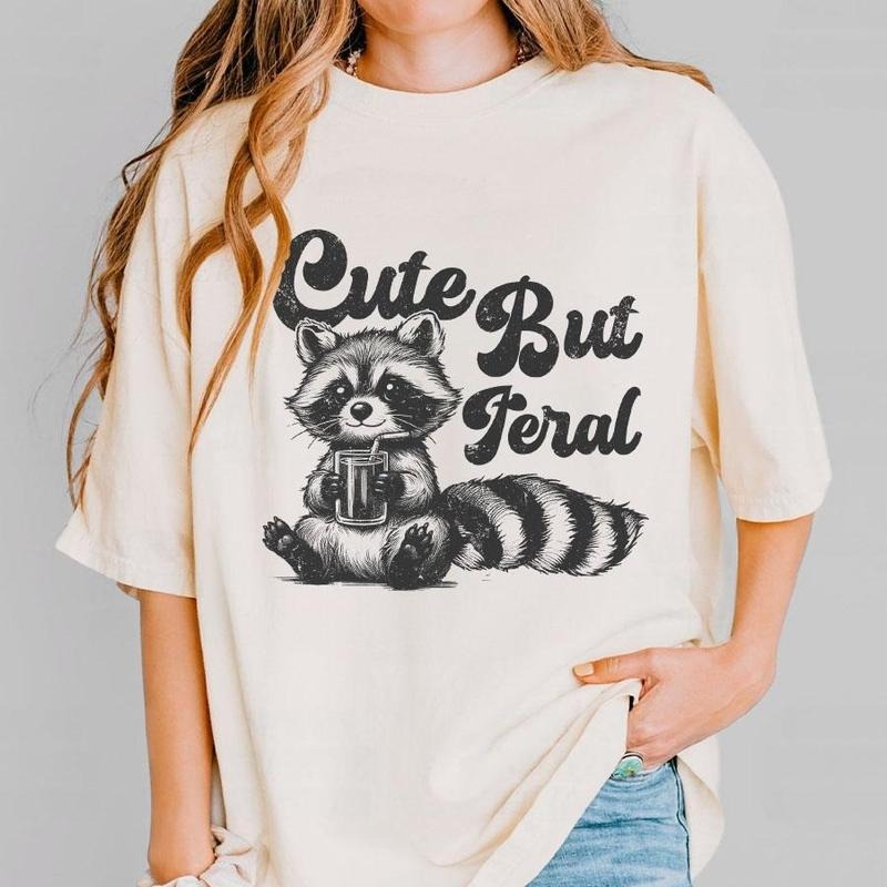 Cute But Feral Funny Shirt, Raccoon Funny Shirt, Cute Tee For Her, Retro Raccoon T-shirt, Vintage Funny Shirts, Animal...