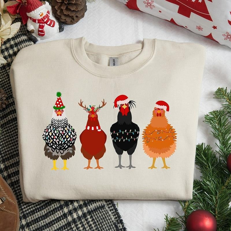 Cute Chickens Christmas Crewneck Sweatshirt, Hoodie, T-shirt | TeeBloomCo.com