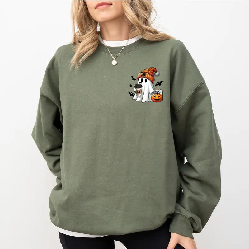 Cute Coffee Ghost Sweatshirt, Little Pumpkin Ghost Coffee Crewneck for Women, Spooky Season Sweatshirt for Girls,...