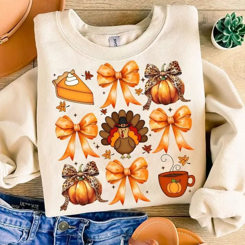 Cute Coquette Bows Turkey Pumpkin Pie Shirt, Thanksgiving Pumpkinball T-Shirt, Pumpkin Spice Thanksgiving Sweatshirt,...