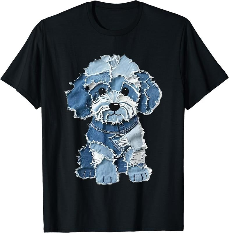 Cute Dog Denim Patchwork Art T-Shirt | Unisex Cotton Tee Gift, Crewneck, Short Sleeve Hoodie, Sweatshirt | TeeBloomCo.com