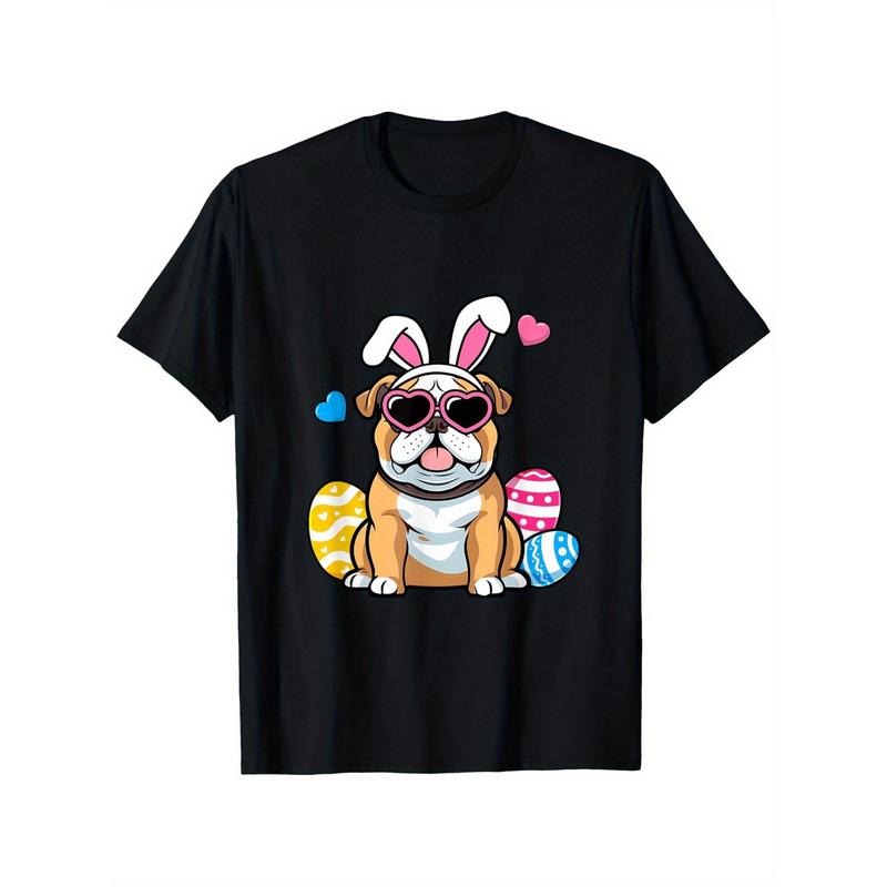 Cute English Bulldog Dog Bunny Ears Glasses Easter Day T-Shirt, Suitable for Mens & Womens Outdoor T-Shirt, 100%cotton,...