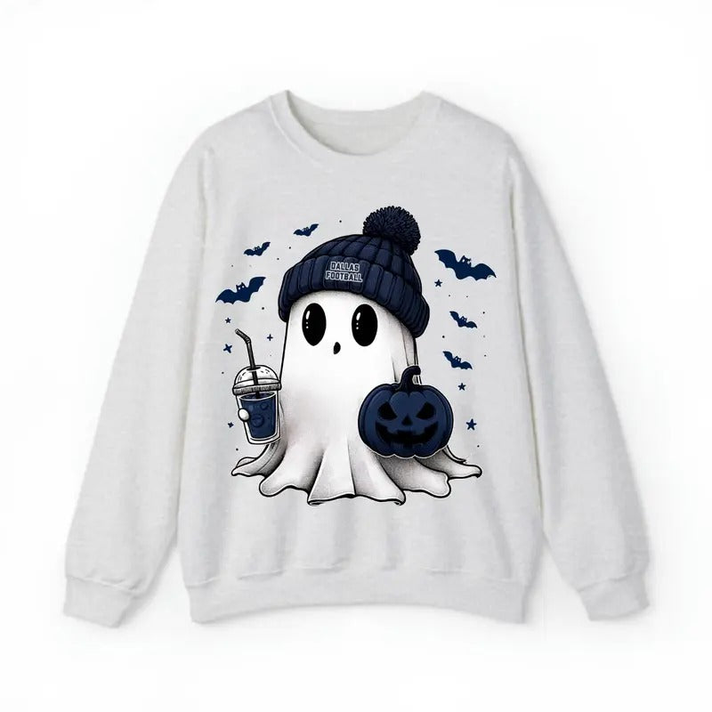 Cute Ghost Football Dallas Fall Halloween Sweatshirt, Football Fan Ghost With Pumpkin Sweatshirt, Cute Halloween Shirt...