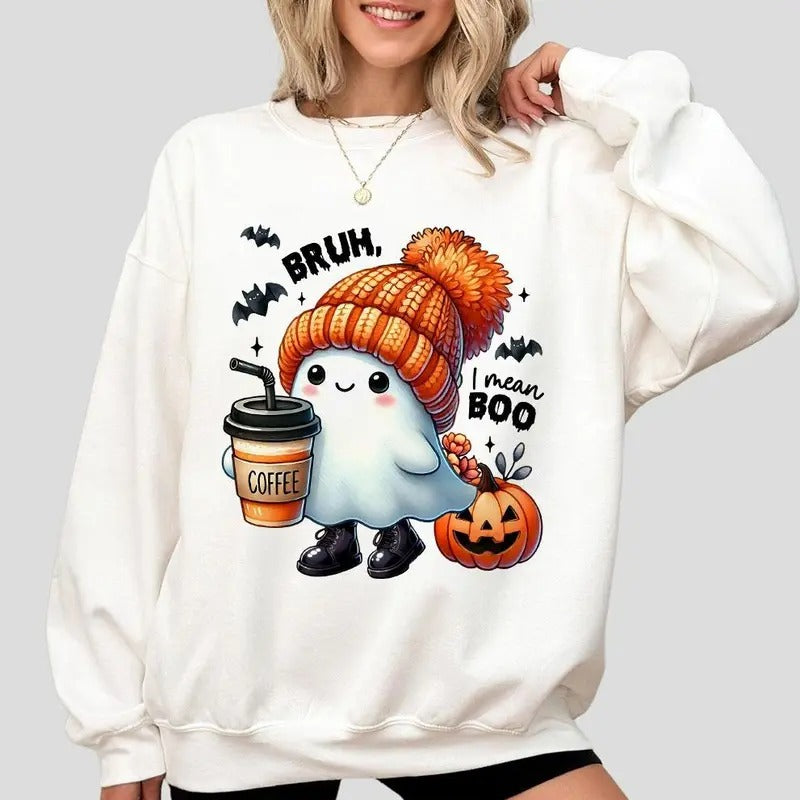 Cute Ghost Halloween Sweatshirt, Ghost Coffee T-shirt, Spooky Season Sweatshirt, Gift For Coffee Lover, Shirts For Women,...