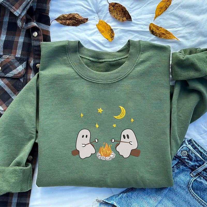 Cute Ghosts Camping Embroidered Sweatshirt, Spooky Season Outdoors Crewneck, Halloween Vintage Embroidery Sweater,...