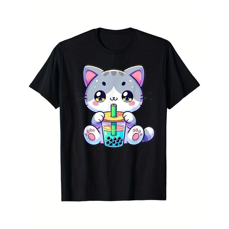 Cute Kawaii Bubble Tea Cat Japanese Kitten Anime T-Shirt Selected pure cotton interesting design DIY short sleeve t-shirt...
