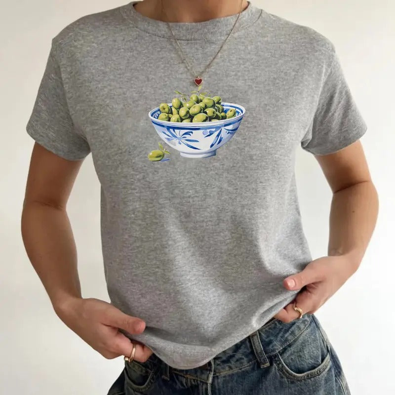 Cute Olive Bowl Baby Tee, Cute Cat Baby Tee, Olive Bow T-Shirt, Y2K Baby Tee, Aesthetic Baby Tee Hoodie, Sweatshirt