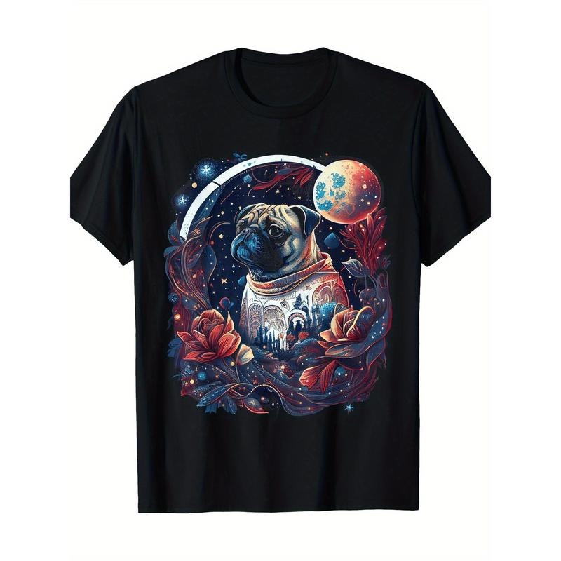 Cute Pug surrounded by Stars Planet Graphic T-shirt -100% cotton Made in USA Hoodie, Sweatshirt | TeeBloomCo.com