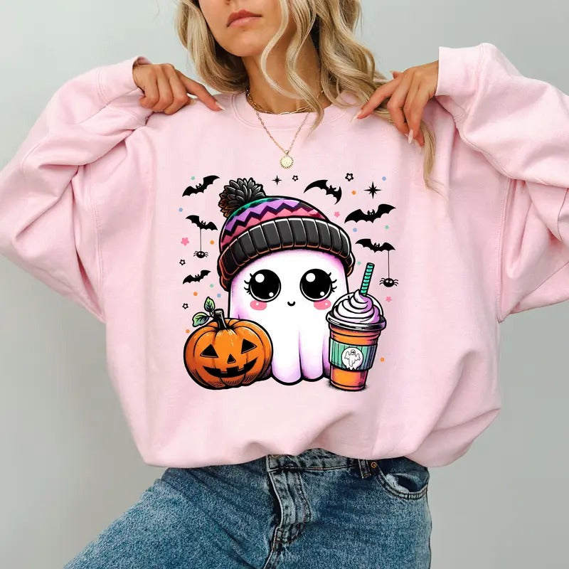 Cute Pumpkin Ghost Coffee Sweatshirt, Ghost Drinking Ice Coffee Crewneck, Halloween Ghost Sweater, Fall Autumn Sweatshirt...