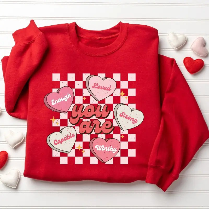 Cute Teacher Valentine Sweatshirt for Women, Retro Heart Design, 100% Cotton Fabric T-Shirts, Hoodie | TeeBloomCo.com